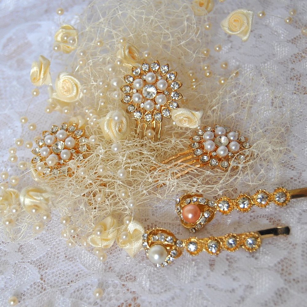 Bridal Hair Set Satin Rose Vine Net Veil Crystal encrusted Hair Combs Pearl Pins